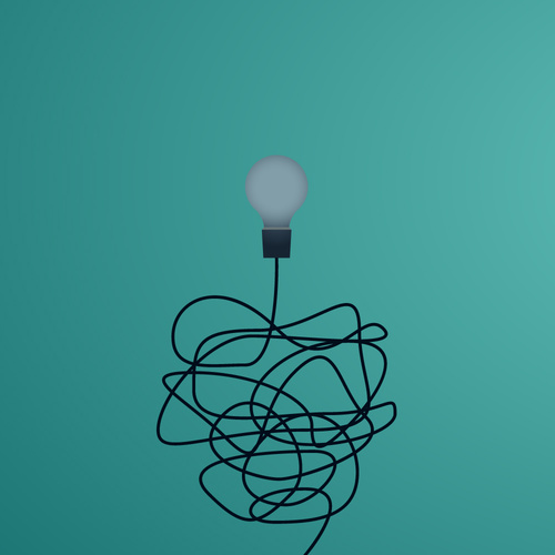 A blue themed art vector of an unlit light bulb tangled up in wires